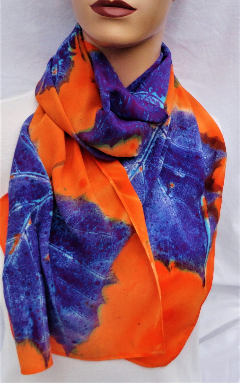 silk crepe scarf large long sycamore leaf orange purple blue hand painted unique morgansilk scarves bold color image 2