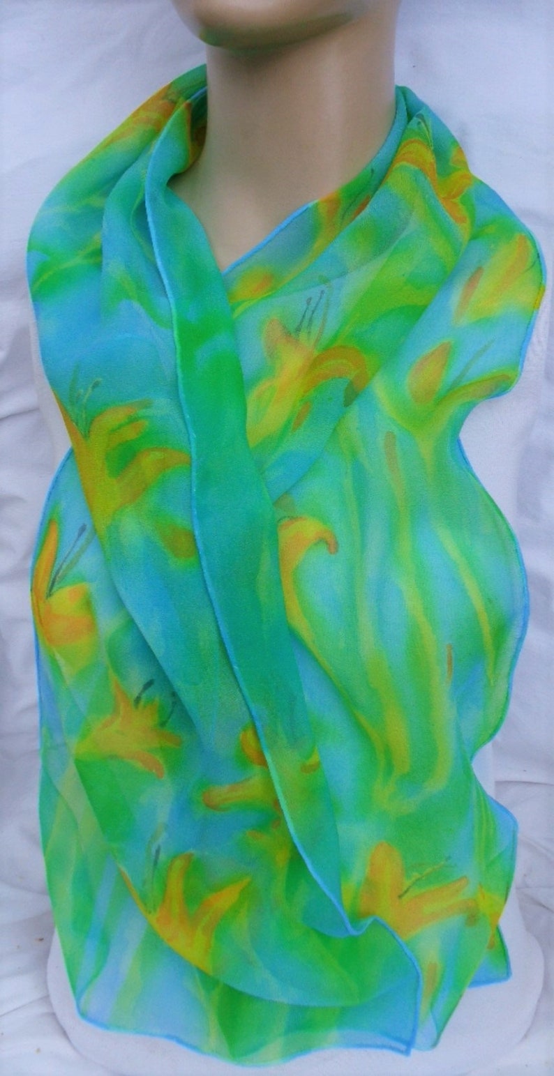 silk chiffon scarf hand painted Day Lily turquoise green orange wearable art women floral unique image 8