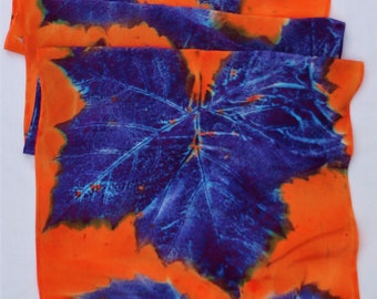 Seide Crepe Schal große lange Sycamore Blatt orange lila blau Hand bemalt einzigartige Morgansilk Schals fette Farbe