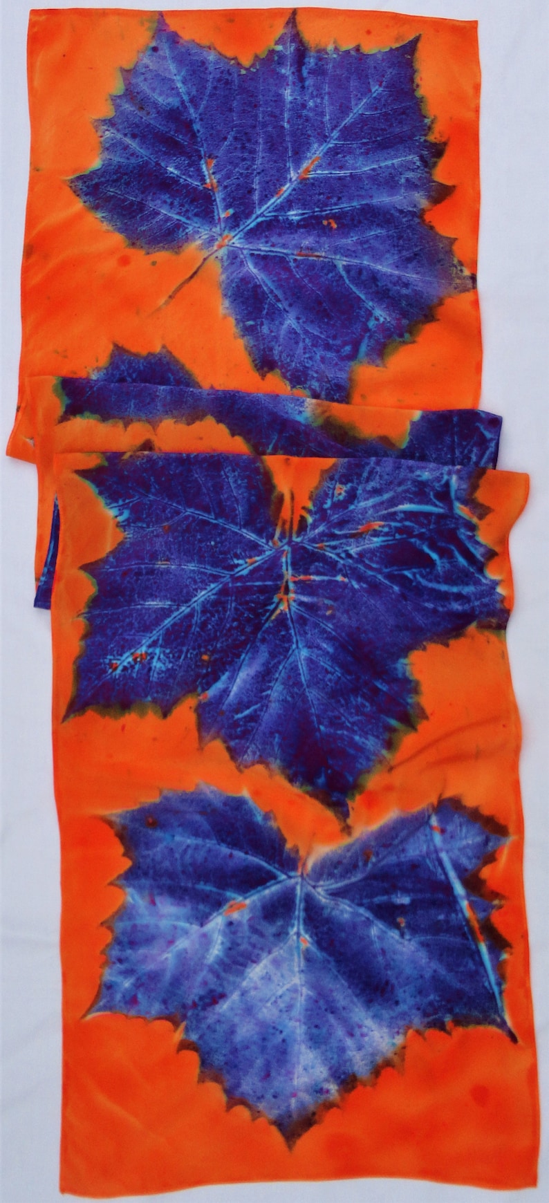 silk crepe scarf large long sycamore leaf orange purple blue hand painted unique morgansilk scarves bold color image 1