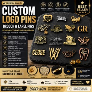 Könnte beinhalten: Eine Sammlung von individuellen Metall-Logopins, Broschen und Anstecknadeln in Gold-, Silber- und Roségold-Optik. Die Pins zeigen verschiedene textbasierte und grafische Designs, darunter Herzen, Stethoskope und Zahnformen, präsentiert auf einem dunklen Stein.