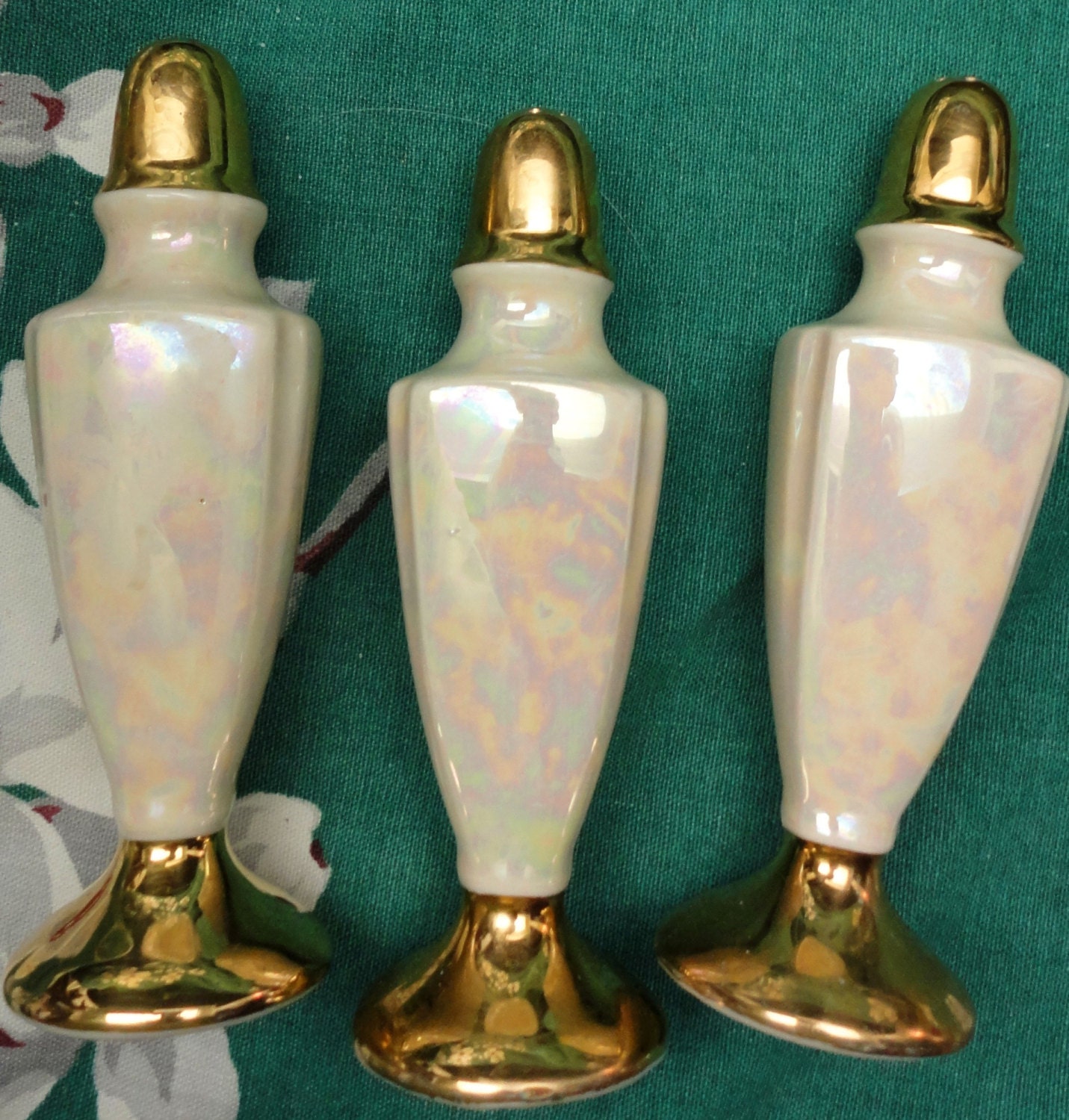 Antique tall salt pepper shakers ceramic iridescent glaze gold Etsy