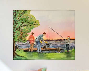 Three Men Fishing — 9x12” (included: matted to 11x14”), handpainted watercolor. Ready to ship, great Father’s Day or birthday gift!
