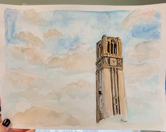 NCSU Memorial Belltower. NC State University, Raleigh NC. Handpainted, 9x12” unframed original watercolor art, ready to ship!