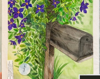 Watercolor Flower Painting, Mailbox with purple Clematis Vine -- handpainted 8x10" watercolor, ready to frame.