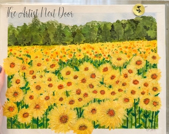 Summer Sunflowers at Dorothea Dix Park - Watercolor and acrylic flowers, handpainted 8x10" unframed. Ready to ship.