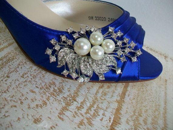 Items similar to Blue Wedding Shoes - Peep Toe Heels - Pearls And ...
