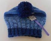 Hand Knit Blue Hat Slouchy Pom Pom Hats, Knitted Bobble Hat