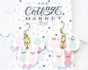 Mickey Inspired Easter Peep Bunny Acrylic Dangle Earrings - Disney Easter Jewelry, Perfect Gift, Mouse Head, Gifts Under 10 Dollars