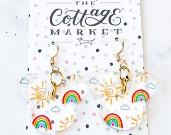 Rainbow Covered Mickey Mouse Head Inspired Acrylic Dangle Earrings - Disney Jewelry - Laser Cut, Perfect Gift Under 10 Dollars