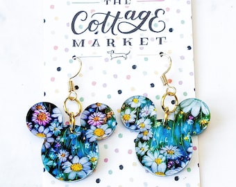 Floral Mickey Mouse Head Inspired Acrylic Dangle Earrings - Disney Garden Jewelry, Disney Jewelry, Laser Cut, Perfect Gift Under 10 Dollars