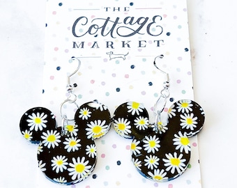 Daisy Covered Black Mickey Mouse Head Inspired Acrylic Dangle Earrings - Disney Jewelry, floral, Laser Cut, Perfect Gift Under 10 Dollars