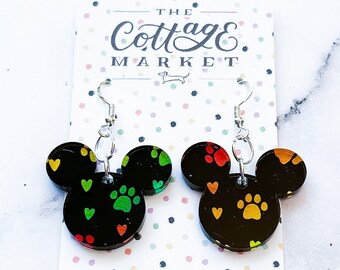 Rainbow Paw Print Mickey Mouse Head Inspired Earrings - Colorful Acrylic Dangles, Pet Lover Jewelry,Laser Cut, Perfect Gift Under 10 Dollars