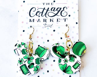 Mickey Mouse Inspired St. Patrick's Day Acrylic Dangle Earrings - Lucky Charm Disney Jewelry, Handmade, Perfect Gift, Saint Patrick's Day