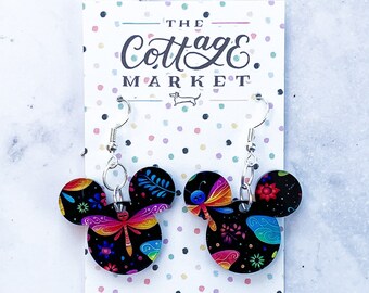 Dragonfly Mickey Mouse Head Inspired Earrings - Colorful Acrylic Earrings, Summer Jewelry , Laser Cut, Perfect Gift Under 10 Dollars