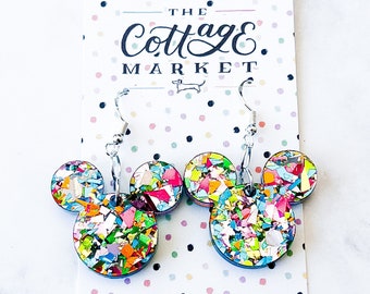 Silver Party Confetti Mickey Mouse Head Inspired Acrylic Dangle Earrings - Disney Jewelry, Laser Cut, Perfect Gift Under 10 Dollars