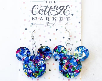 Blue Party Confetti Mickey Mouse Head Inspired Acrylic Dangle Earrings - Disney Jewelry, Laser Cut, Perfect Gift Under 10 Dollars