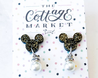 Glitter Pearl Mickey Mouse Inspired Earrings - Disney Jewelry, Gift Under 5 Dollars, Disney Park Jewelry, Laser Cut, Perfect Gift