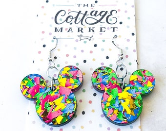 Party Confetti Mickey Mouse Head Inspired Acrylic Dangle Earrings - Disney Jewelry, Laser Cut, Perfect Gift Under 10 Dollars