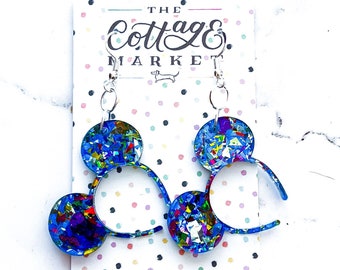 Blue Confetti Glitter Mouse Ears Headband - Disney Celebration Jewelry, Laser Cut, Confetti Glitter Acrylic Earrings, Gift Under 10 dollars