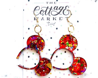 Red Confetti Glitter Mouse Ears Headband - Disney Celebration Jewelry, Laser Cut, Confetti Glitter Acrylic Earrings, Gift Under 10 dollars