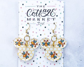 Bee Pattern Mickey Mouse Earrings - Acrylic Dangles, Laser Cut, Perfect Gift Under 10 Dollars, Cute Jewelry