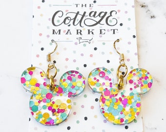 Mickey Mouse Party Polka Dot Confetti Dangle Earrings - Cute Disney Jewelry for Birthdays - Hypoallergenic - Perfect Gift - Pink Gold & Blue