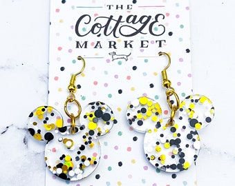 Mickey Mouse Black Polka Dot Confetti Dangle Earrings - Cute Disney Jewelry for Graduation, New Year's Eve, Hypoallergenic, The Perfect Gift