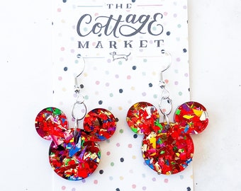 Red Party Confetti Mickey Mouse Head Inspired Acrylic Dangle Earrings - Disney Jewelry, Laser Cut, Perfect Gift Under 10 Dollars