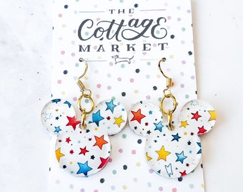 Mickey Mouse Inspired Patriotic Star Acrylic Dangle Earrings - Disney Fourth of July Jewelry, Gift Under 10 Dollars, Perfect Gift