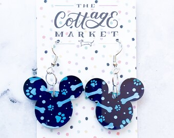 Dog Bone & Paw Print Mickey Mouse Head Inspired Earrings - Pet Lover Jewelry, Laser Cut, Perfect Gift Under 10 Dollars