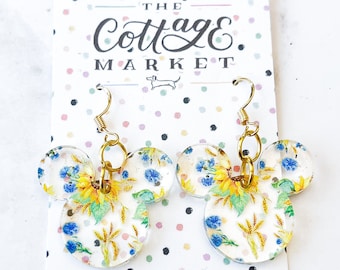 Sunflower Covered Mickey Mouse Head Inspired Acrylic Dangle Earrings - Disney Jewelry - Laser Cut, Perfect Gift Under 10 Dollars
