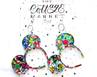 Silver Confetti Glitter Mouse Ears Headband - Disney Celebration Jewelry, Laser Cut, Confetti Glitter Acrylic Earrings Gift Under 10 dollars