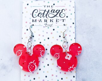 Strawberry Mickey Mouse Head Inspired Earrings - Colorful Acrylic Earrings, Fruit Jewelry , Laser Cut, Perfect Gift Under 10 Dollars, Summer