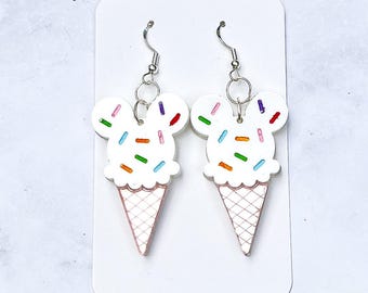 Mickey Ice Cream Earrings, Main St Ice Cream, Mouse Ears Ice Cream Cone, Made to order Glowforge Earrings