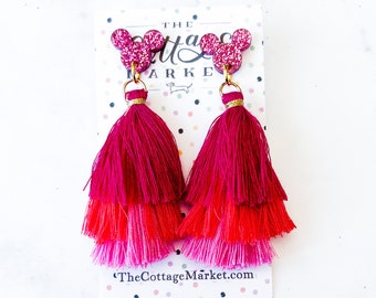 Hot Pink Mickey Mouse Tassel Stud Earrings - Ombre Pink Tassel, Disney Park Jewelry, Iconic Mouse, Disneyland, Disney World, Gift Under 10