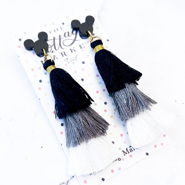 Disney Black Mickey Mouse Tassel Stud Earrings - Ombre Tassel - Disney Park Jewelry - Disneyland - Disney World - Iconic Mouse