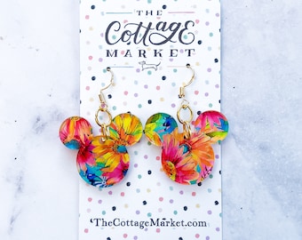 Colorful Flower Mickey Mouse Head Inspired Earrings - Colorful Acrylic Earrings, Floral Jewelry , Laser Cut, Perfect Gift Under 10 Dollars