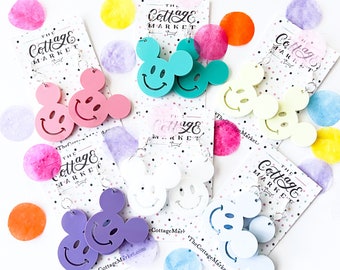 Mickey Mouse Smiley Face Dangle Earrings - Disney Magic in 6 Colors - 1.5 Inches - Fun Disney Jewelry