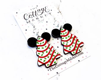 Little Debbie Inspired Mickey Christmas Tree Earrings - Laser-Cut Wood - Hypoallergenic Findings - Disney Park Jewelry - Disney Christmas
