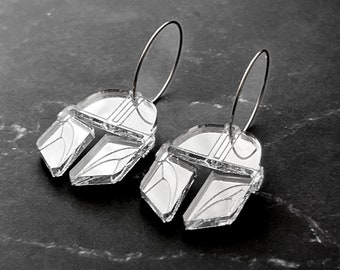 Mirrored Acrylic Mando The Mandalorian Helmet Hoop Earrings - Lightweight Star Wars Jewelry