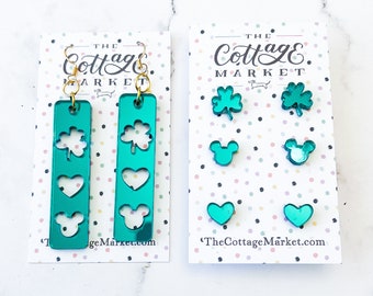 Mickey Mouse St. Patrick's Day Bar Earrings and 3 Stud Earring Set, Green Acrylic Jewelry, Gift Under 10 Dollars, Shamrock & Heart Earrings