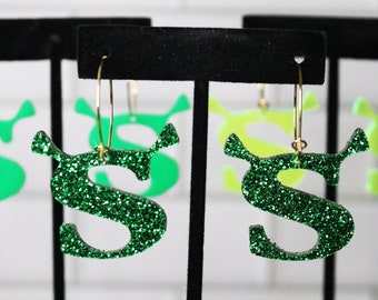 Shrek Inspired Earrings, Shrek Dangle Earrings, Glitter Shrek Inspired Dangle Earrings, Shrek Earrings, Shrek Earrings in choice of 3 Greens