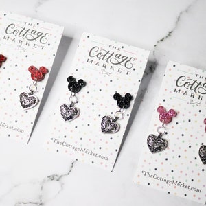 Mickey Mouse Valentine&#39;s Day Heart Earrings, Mickey Inspired Heart Earrings, Mickey Dangling Heart Earrings, Mickey Heart Earring 9 Colors