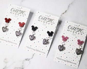 Mickey Mouse Valentine's Day Heart Earrings, Mickey Inspired Heart Earrings, Mickey Dangling Heart Earrings, Mickey Heart Earring 9 Colors
