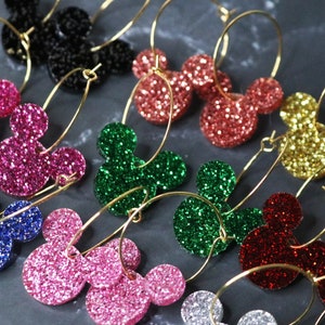 Glitter Mickey Mouse Inspired Hoop Earrings, Mickey Mouse Glitter Hoope Earrings Choice of 9 Colors, Disney Inspired Dangle Earrings