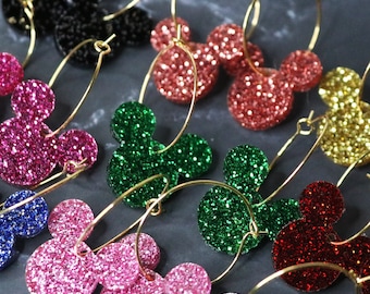 Glitter Mickey Mouse Inspired Hoop Earrings, Mickey Mouse Glitter Hoope Earrings Choice of 9 Colors, Disney Inspired Dangle Earrings