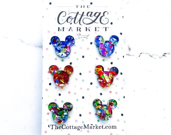 Set of 3 Mickey Mouse Head Inspired Confetti Stud Earrings - Disney Jewelry, Laser Cut, Confetti Acrylic Earrings, Gift Under 10 dollars