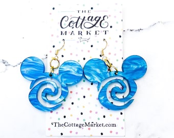 Moana Inspired Ocean Wave Mouse Head Laser Cut Earrings, Aulani, Blue Marble Acrylic Earrings, Beach Earrings, Acrylic Dangle Earrings