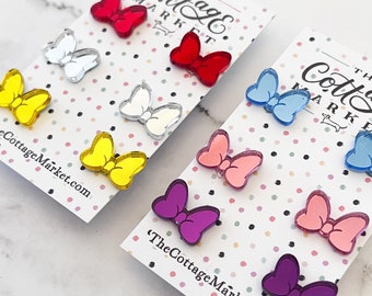 Set of 3 Minnie Mirror Bow Stud Earrings Your Choice of 12 Colors/ Minnie Stud Earrings/ Minnie Bow Stud Earrings/ Bow Earring/ Bow Studss/